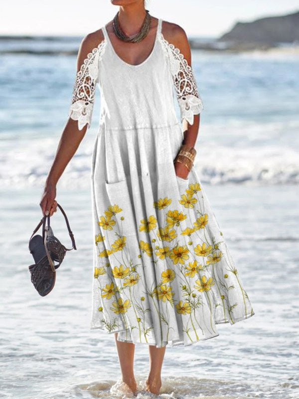 Élégante robe longue berg-feldt à manches en dentelle et motif floral
