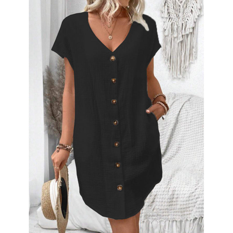 Robe en coton et lin à col en V boutonnée Fudus