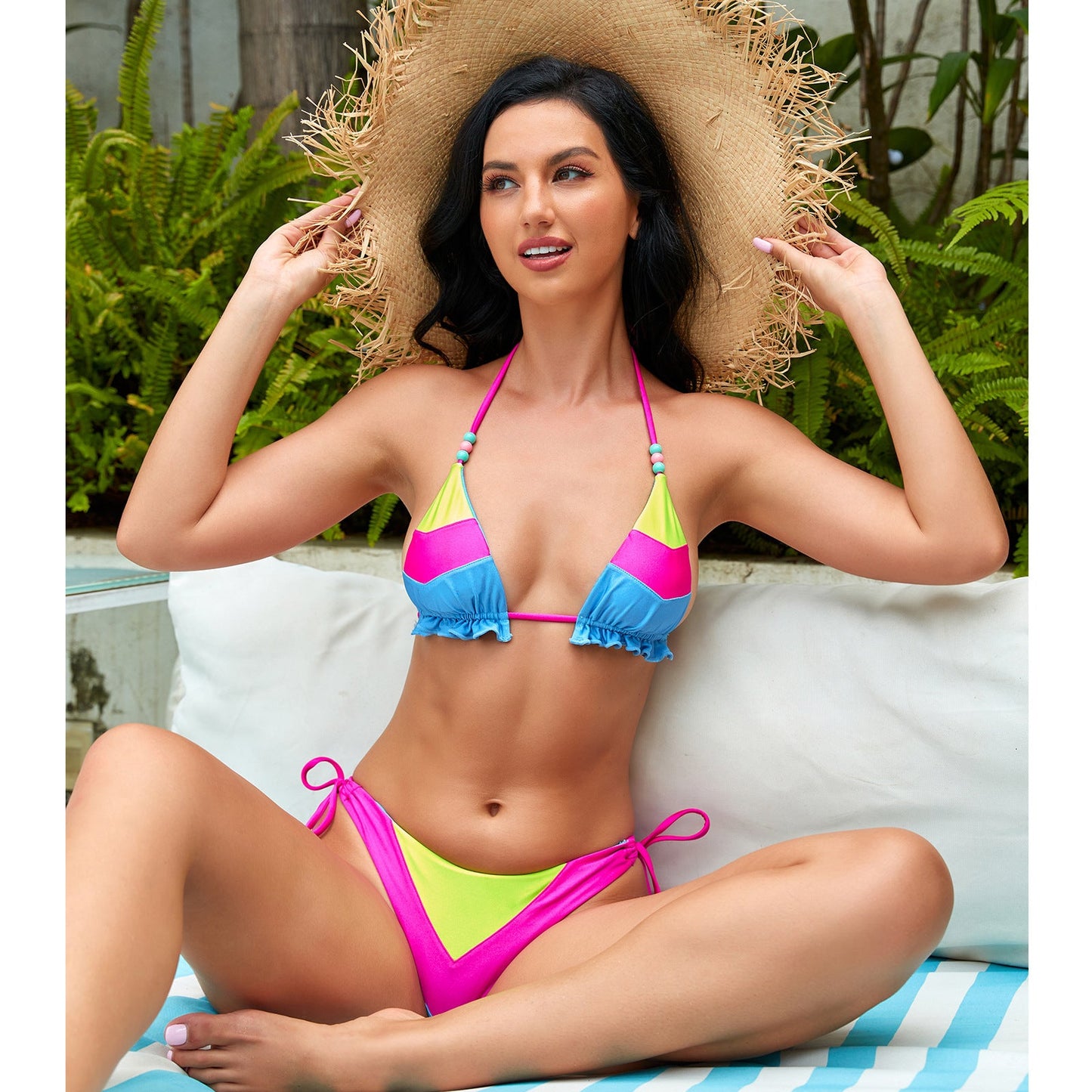 Haut de maillot et culotte de bikini femme Berg-Feldt à volants et blocs de couleurs