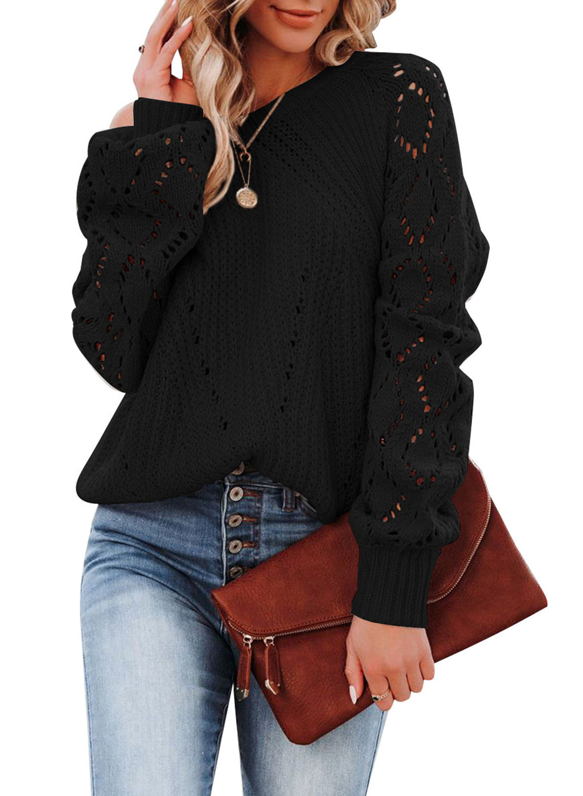 Damen élégant pull tricoté avec structure en crochet aérée et manches larges Berg-Feldt