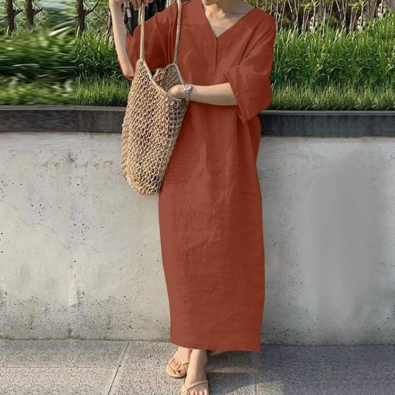 Robe en coton et lin Fudus à col en V