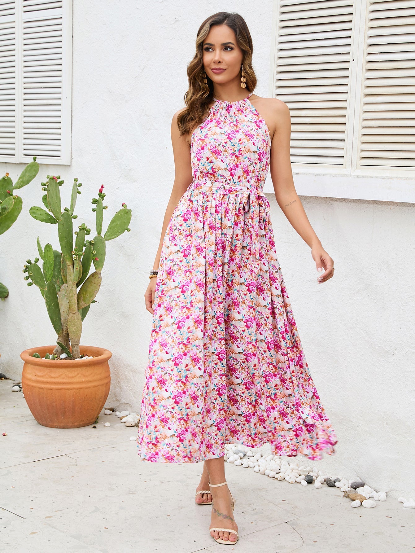 Robe longue dos nu à imprimé floral avec ceinture à nouer pour femme de berg-feldt