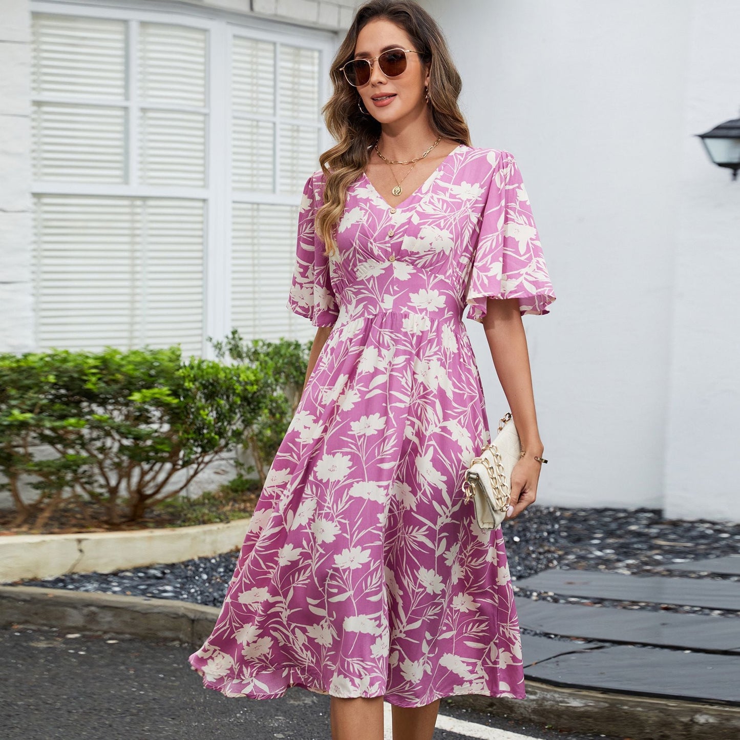 Robe midi romantique pour femme avec manches bouffantes et imprimé floral de berg-feldt