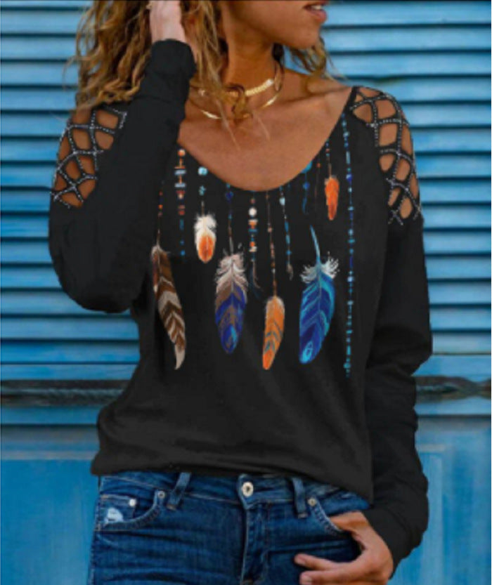 T-shirt à manches longues pour femme berg-feldt, avec imprimé plume tendance et découpes