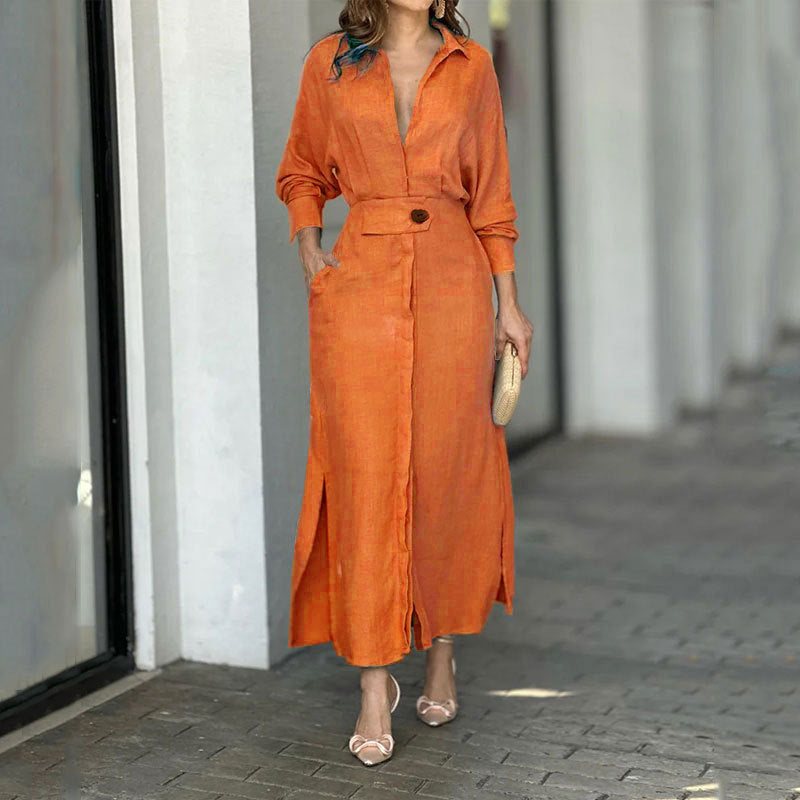 Robe longue femme en lin léger avec patte de boutonnage élégante et fentes latérales pratiques Berg-Feldt