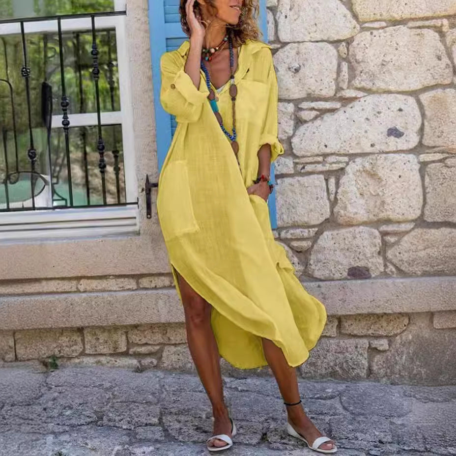 Robe longue en coton et lin à manches longues de Fudus