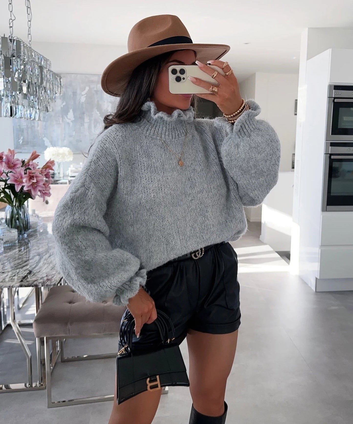 Pull col roulé douillet pour femme avec manches larges et motif texturé Berg-Feldt
