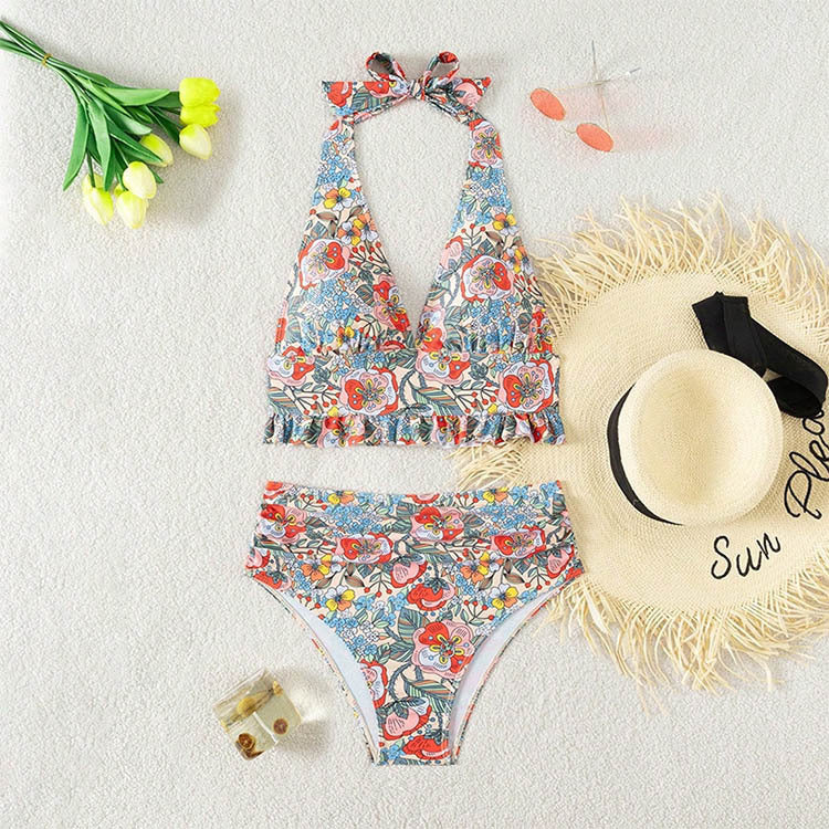Maillot de bain deux pièces taille haute à volants fleuris pour femme berg-feldt