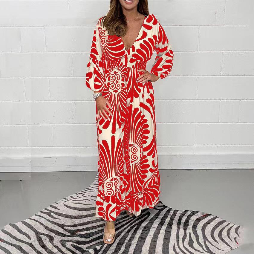 Robe longue bohème pour femme à col en V et manches bouffantes de berg-feldt