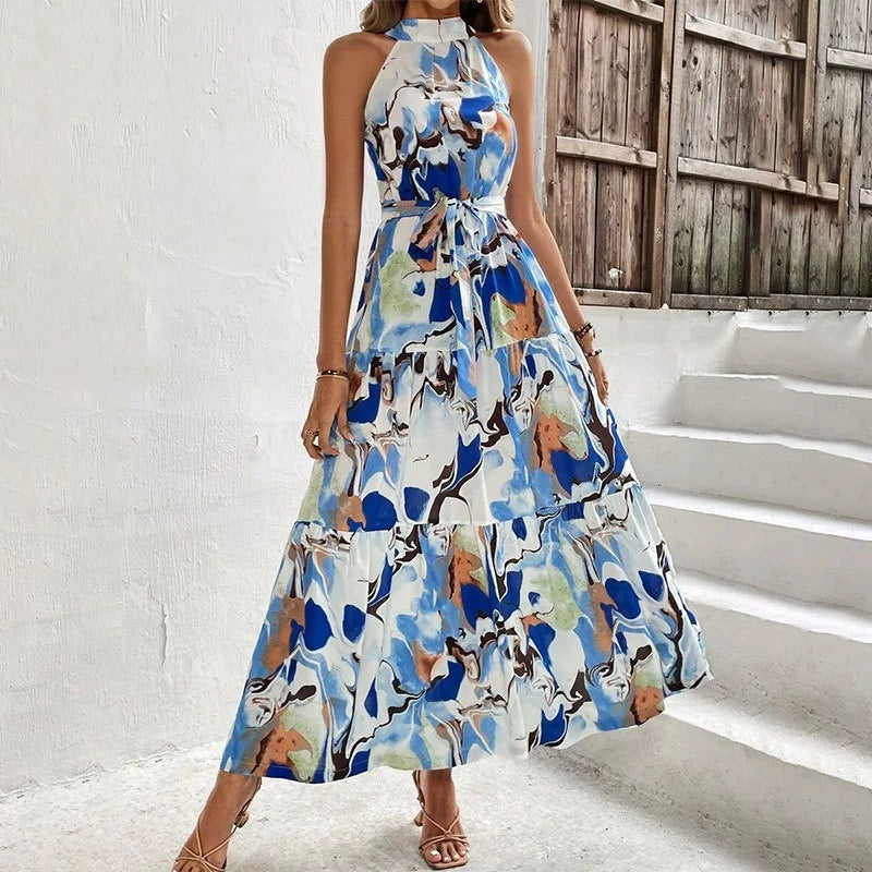 Robe longue légère berg-feldt pour femme, motif aquarelle coloré, avec ceinture