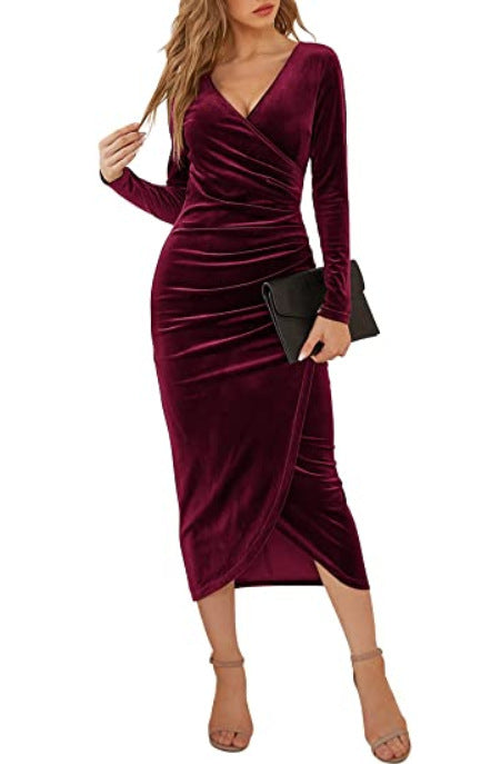 Robe midi en velours pour femme Berg-Feldt avec fronces et décolleté en V profond