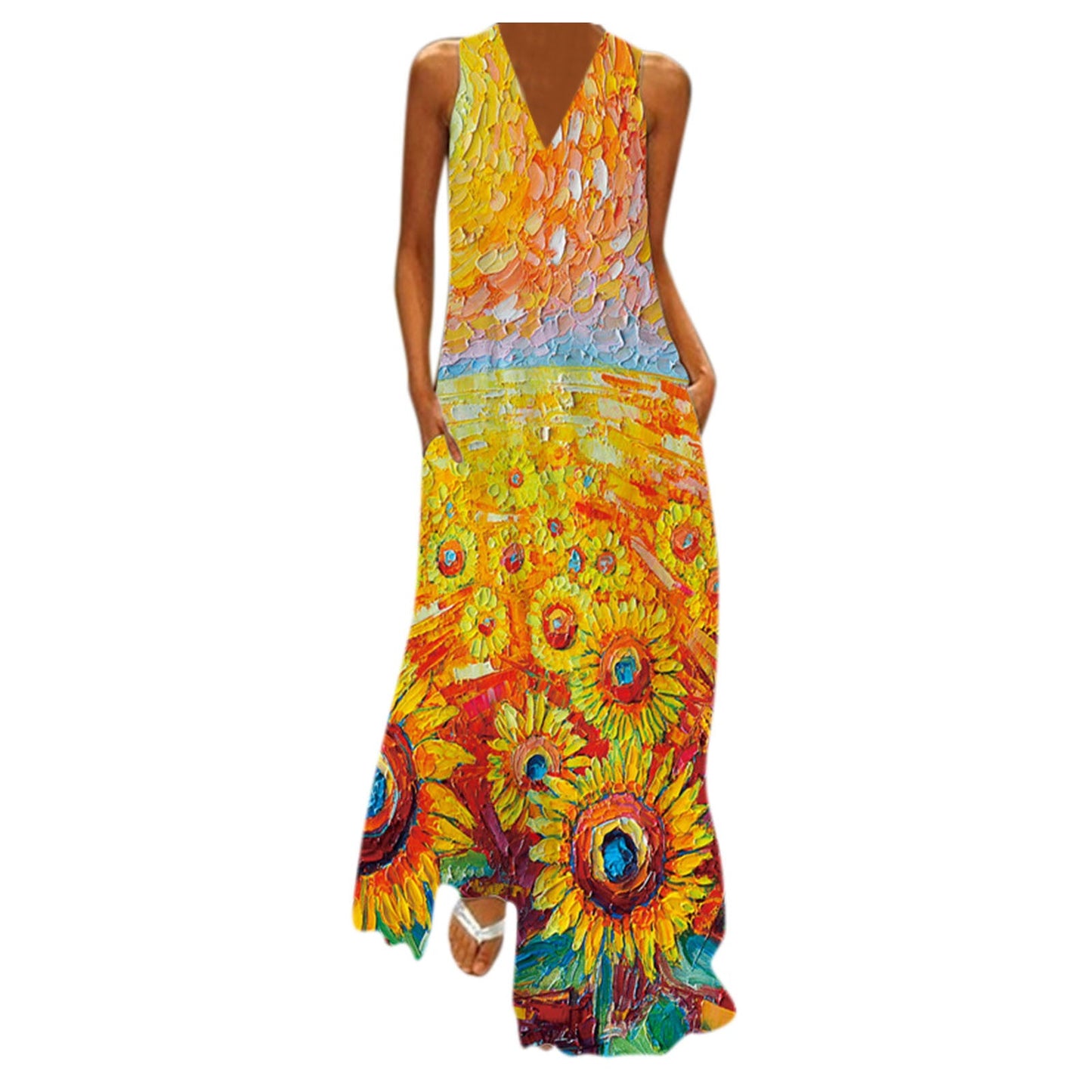 Langes Damenkleid mit Blumenmuster und tiefem V-Ausschnitt von berg-feldt