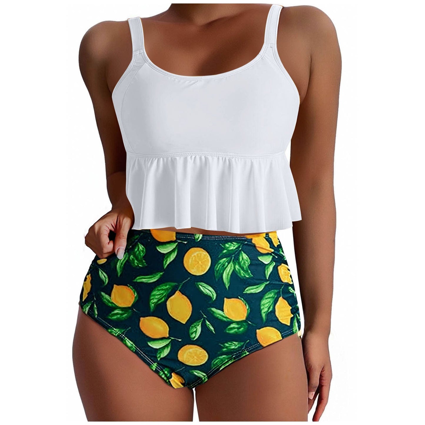 Berg-Feldt Damen Badeanzug Set mit hohem Bund und Zitronenprint