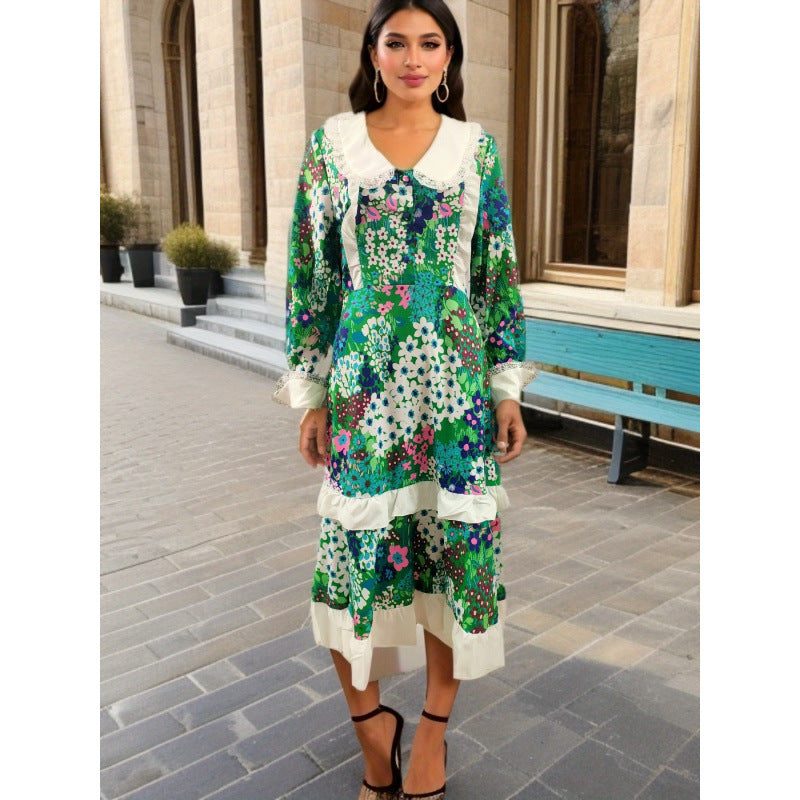 Berg-feldt Robe mi-longue pour femme avec patchwork floral vintage et volants