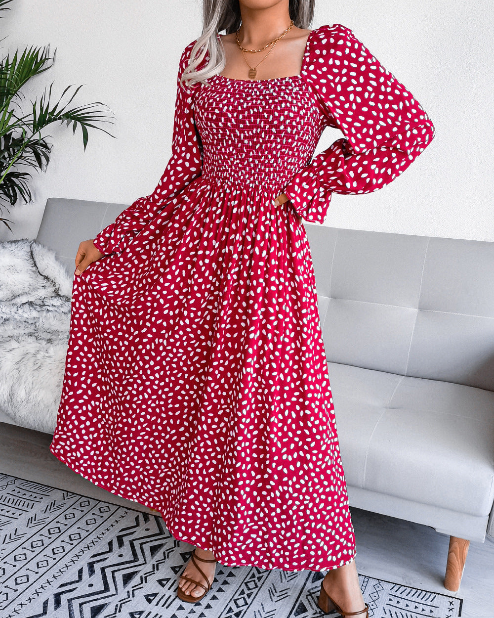 Robe longue pour femme Berg-Feldt avec haut élastiqué et manches ballon