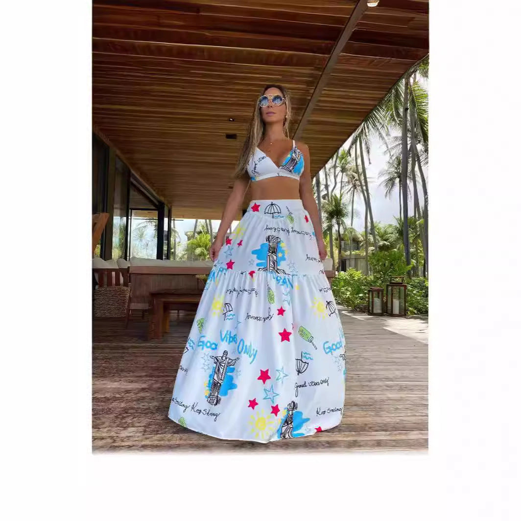 Ensemble jupe longue fluide et crop top imprimé multicolore par berg-feldt