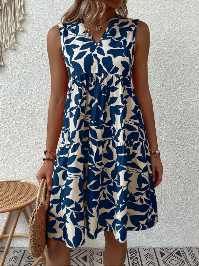 Robe midi étagée pour femme, sans manches, col en V, motif champ de montagne