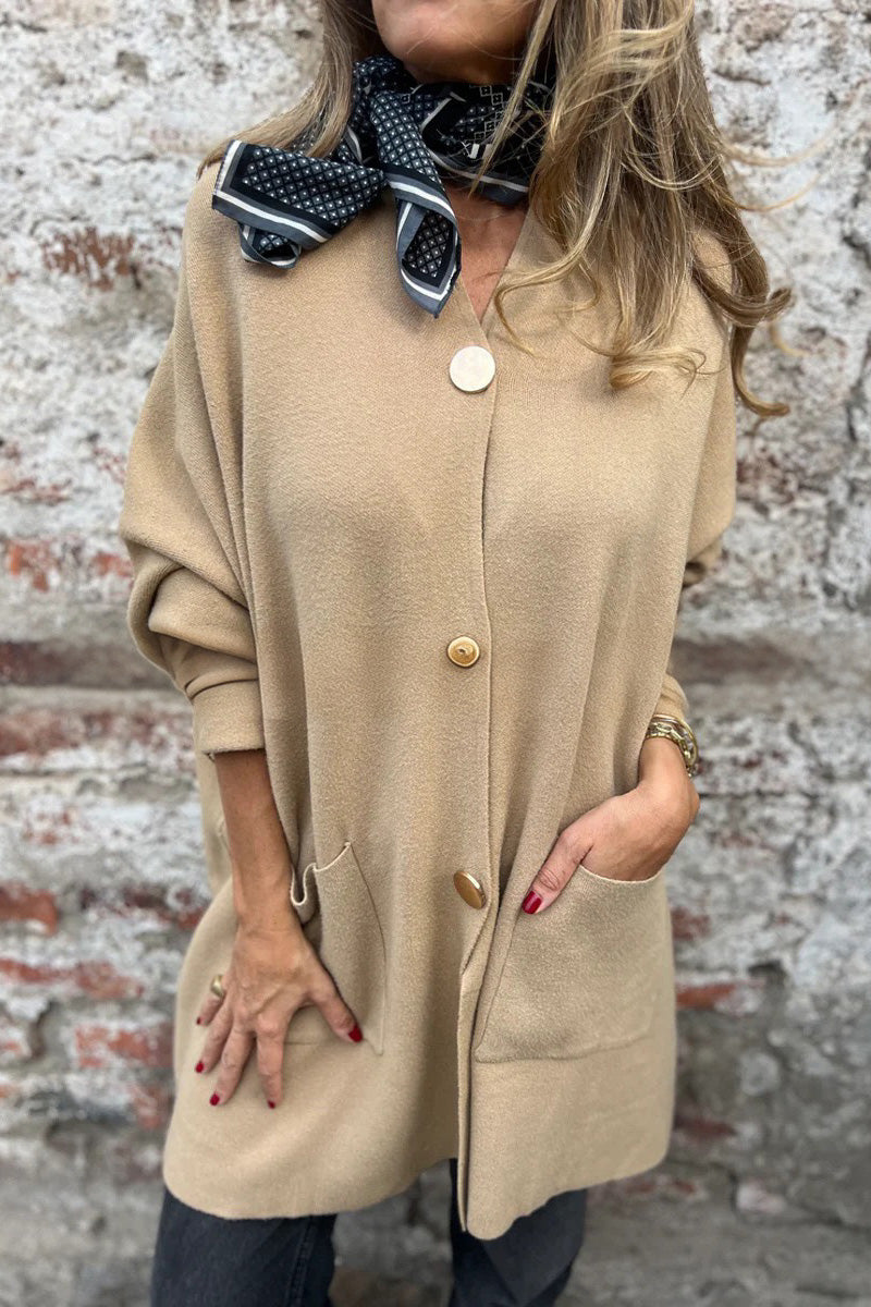 Berg-Feldt | Lange Unifarbene Einreihige V-Ausschnitt Strickjacke Jacke