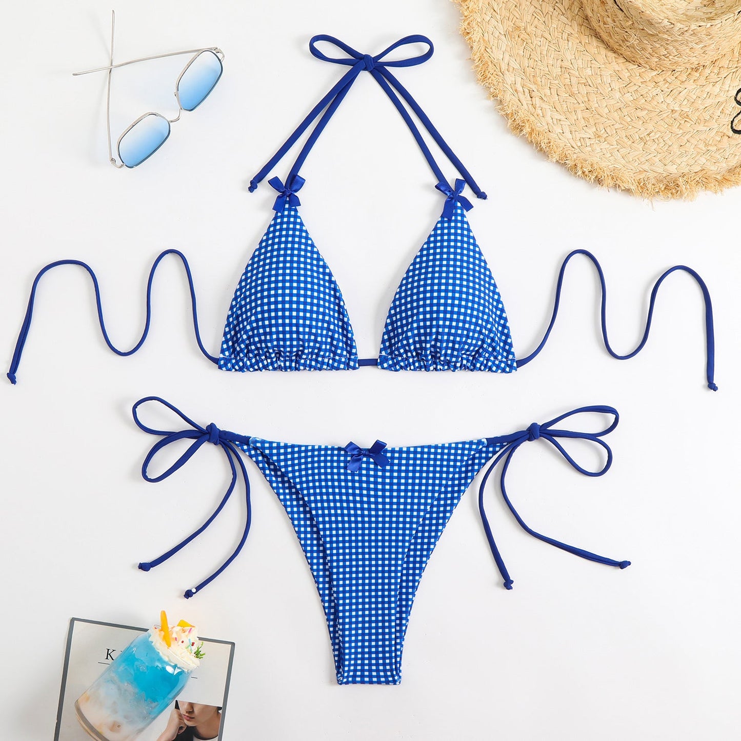 Ensemble de bikini Berg-Feldt pour femme : Haut de maillot triangle avec motif à carreaux ludique et bretelles réglables