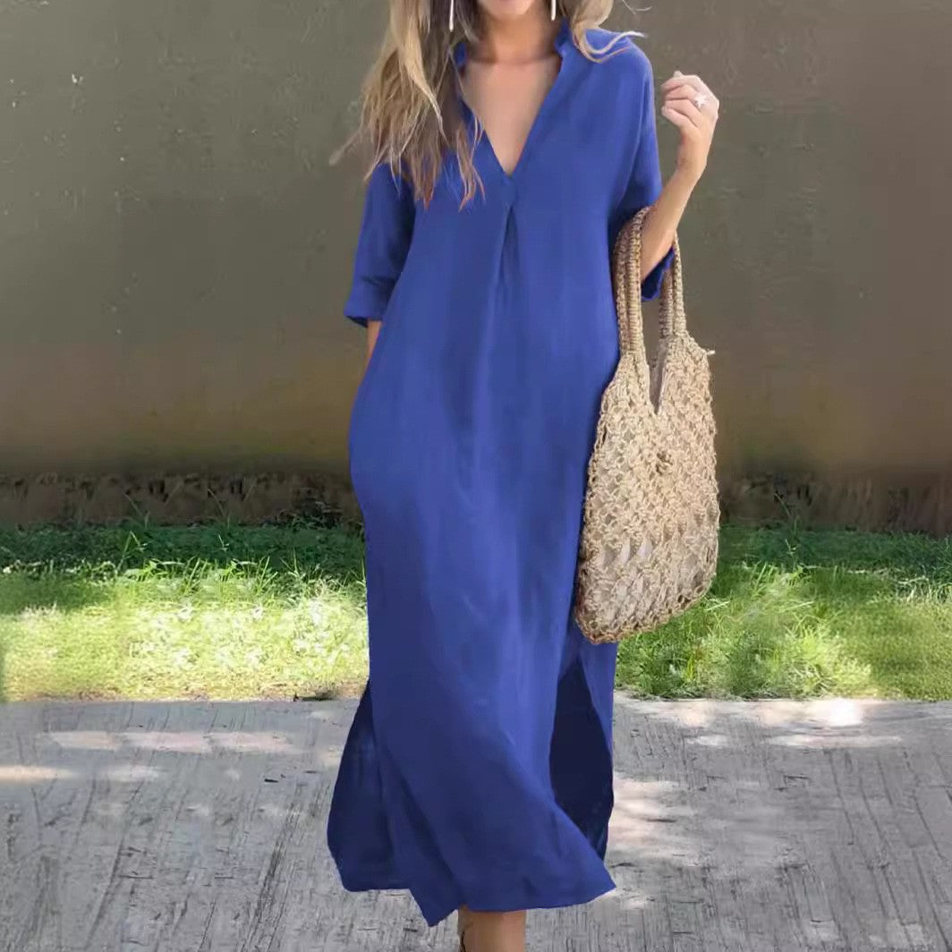 Robe longue décontractée à col en V et fentes latérales pour femme berg-feldt