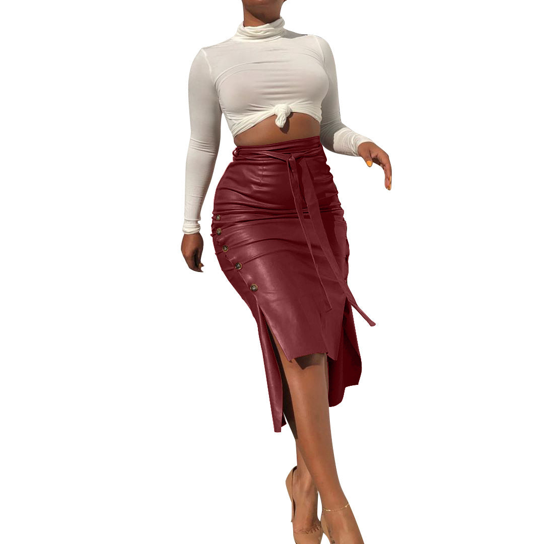 Jupe midi en similicuir Berg-Feldt pour femme, taille haute, avec fente latérale et boutons