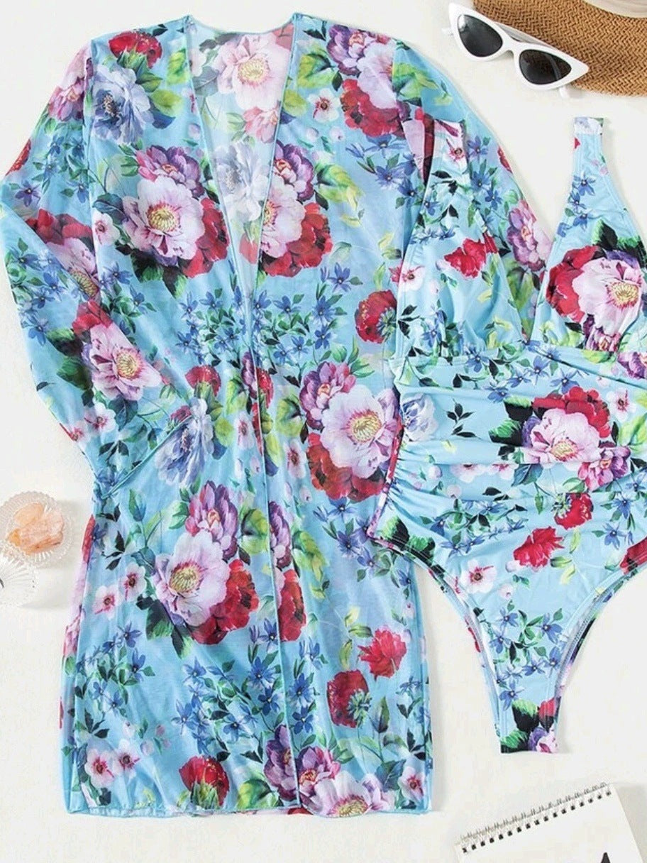 Berg-Feldt Ensemble de bikini pour femme maillot de bain à imprimé floral avec paréo