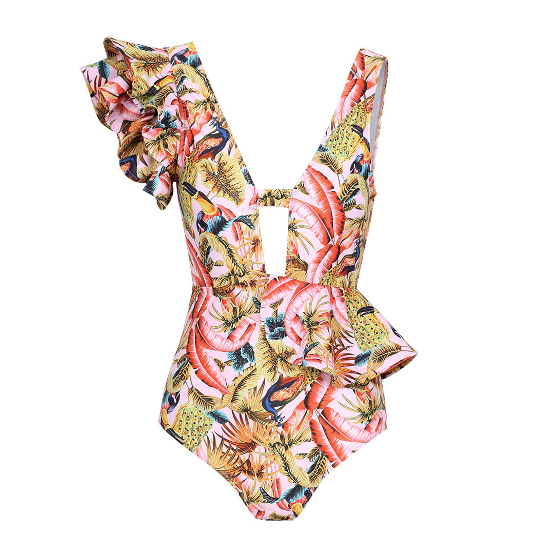 Maillot de bain Berg-Feldt pour femme : Volants asymétriques et motif floral