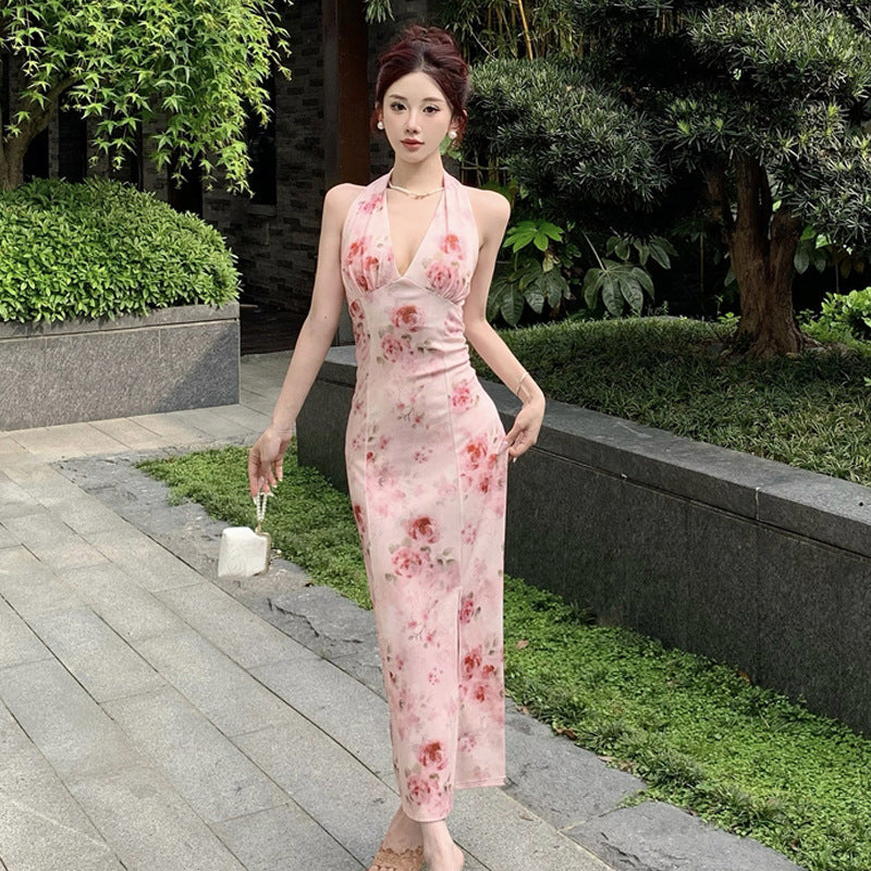 Fudus Dos Nu : Robe Halter Fleurs Sexy Style Rétro