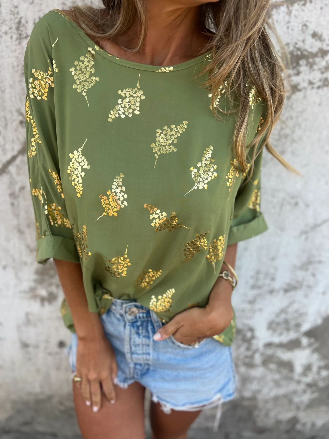 Berg-feldt Blouse femme à motif floral métallisé, manches courtes