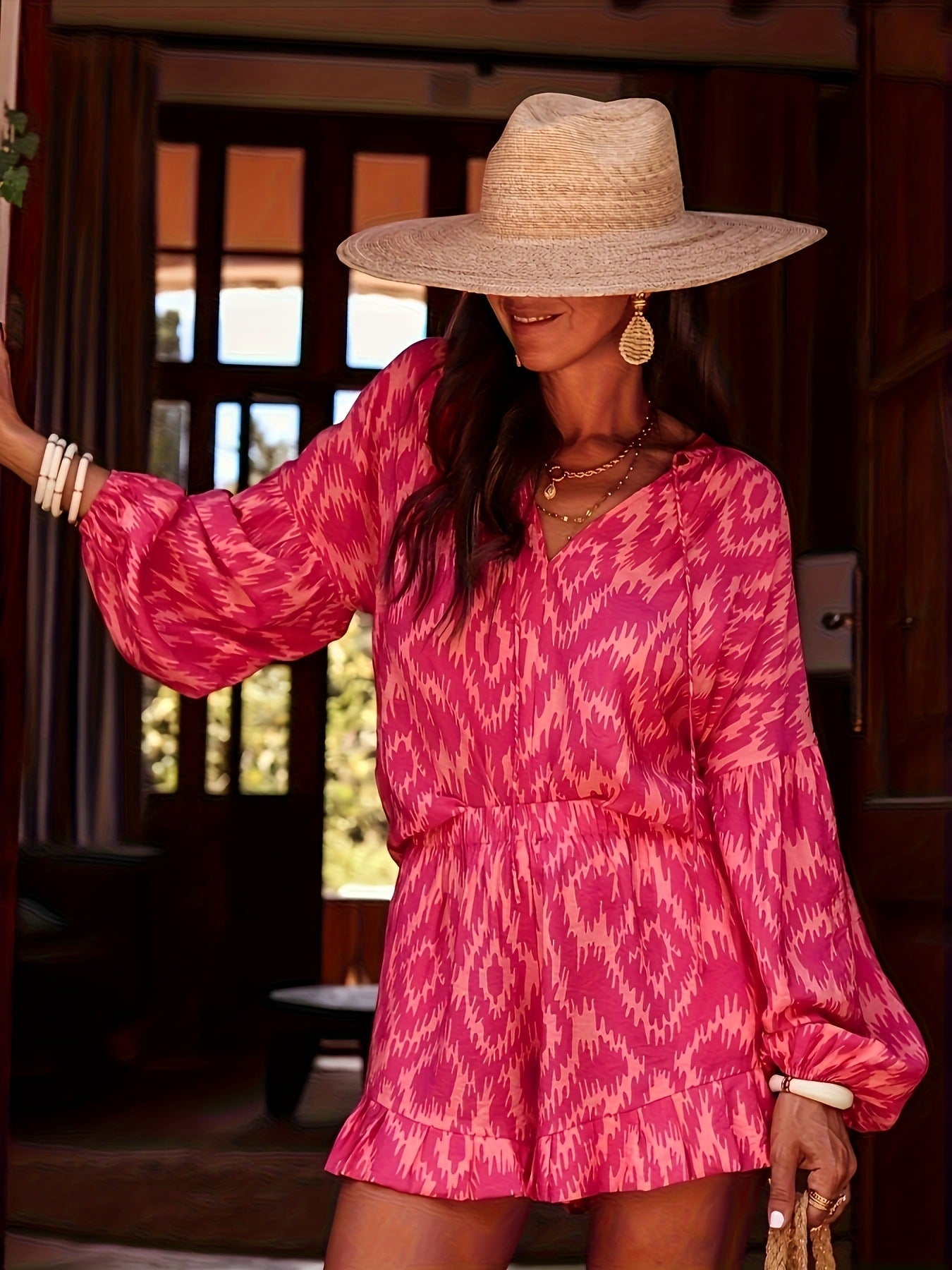 Combinaison ample pour femme, à manches larges et joyeux motif champ-montagne