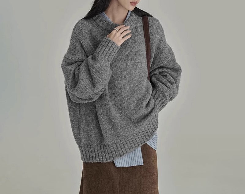 Berg-Feldt | Pullover Gestrickte Wolle Übergröße Schnitt Rundhalsausschnitt Rippendetails