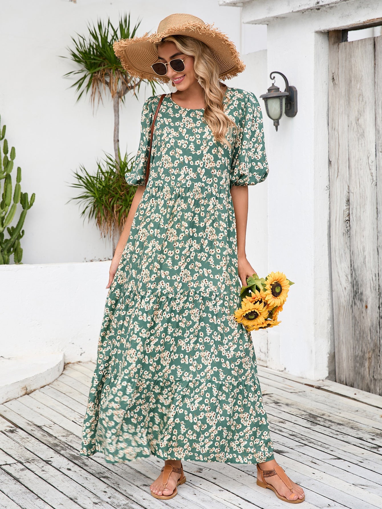 Maxikleid für Damen, floral, Stufen-Design, Puffärmel, berg-feldt