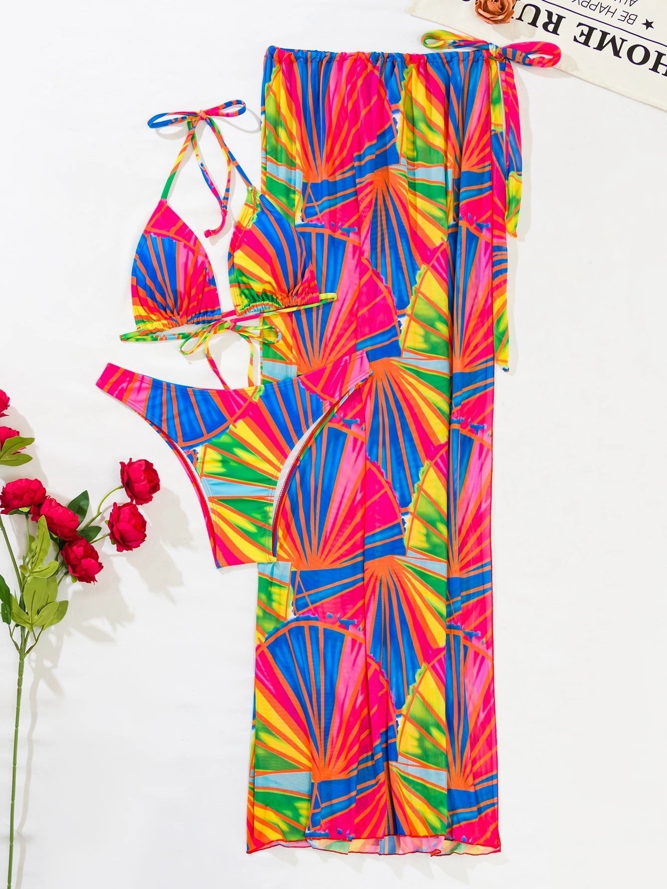 Ensemble bikini et kimono pour femme, imprimé tropical