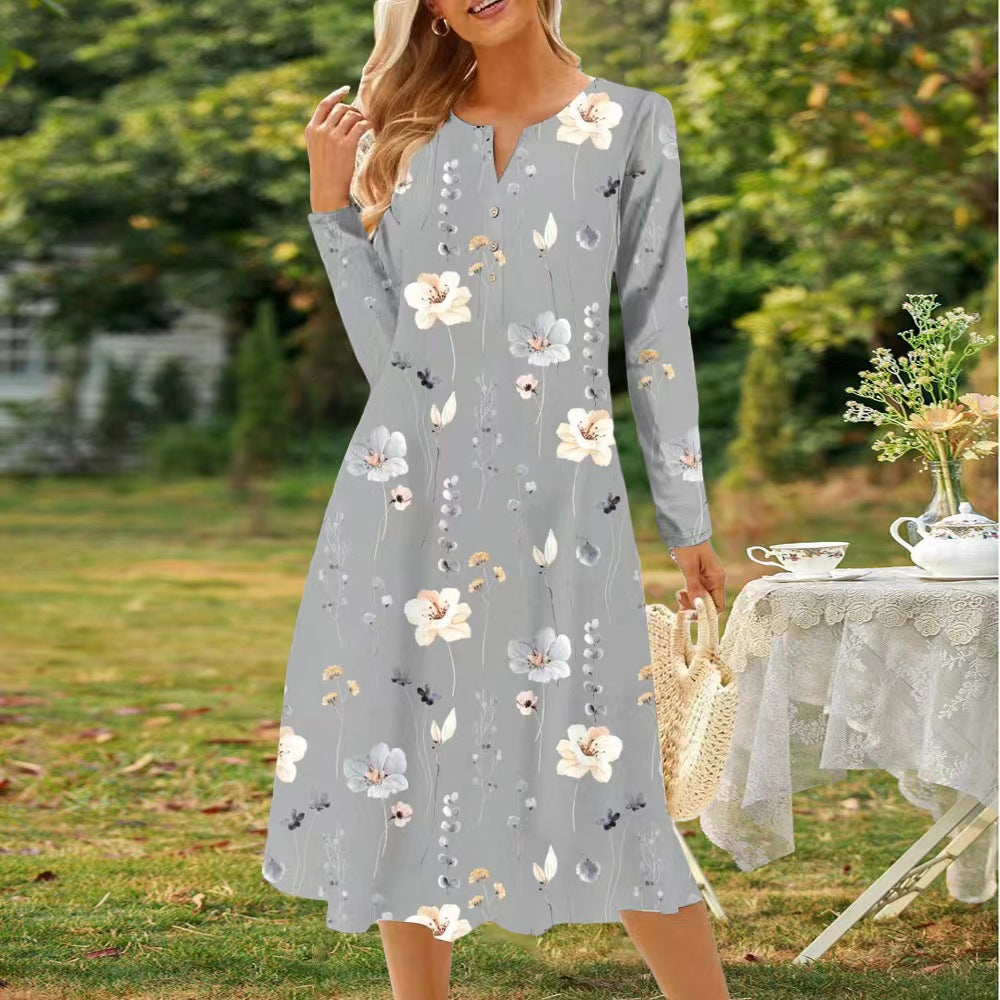 Robe élégante pour femme Fudus avec ceinture, imprimé floral, col en V et manches longues