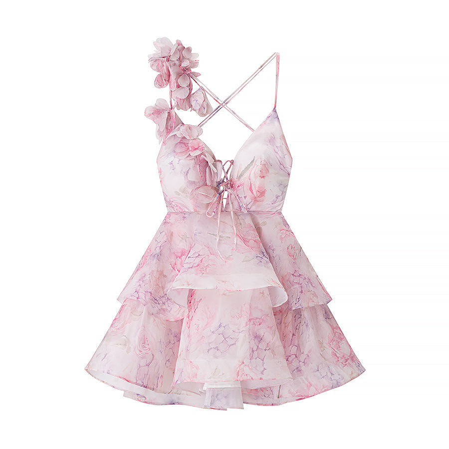 Geripptes Minikleid mit Blumenmuster, asymmetrischen Trägern von berg-feldt