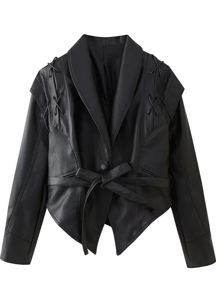 Berg-Feldt | Schwarzer PU-Leder Damen Blazer mit Gürtel