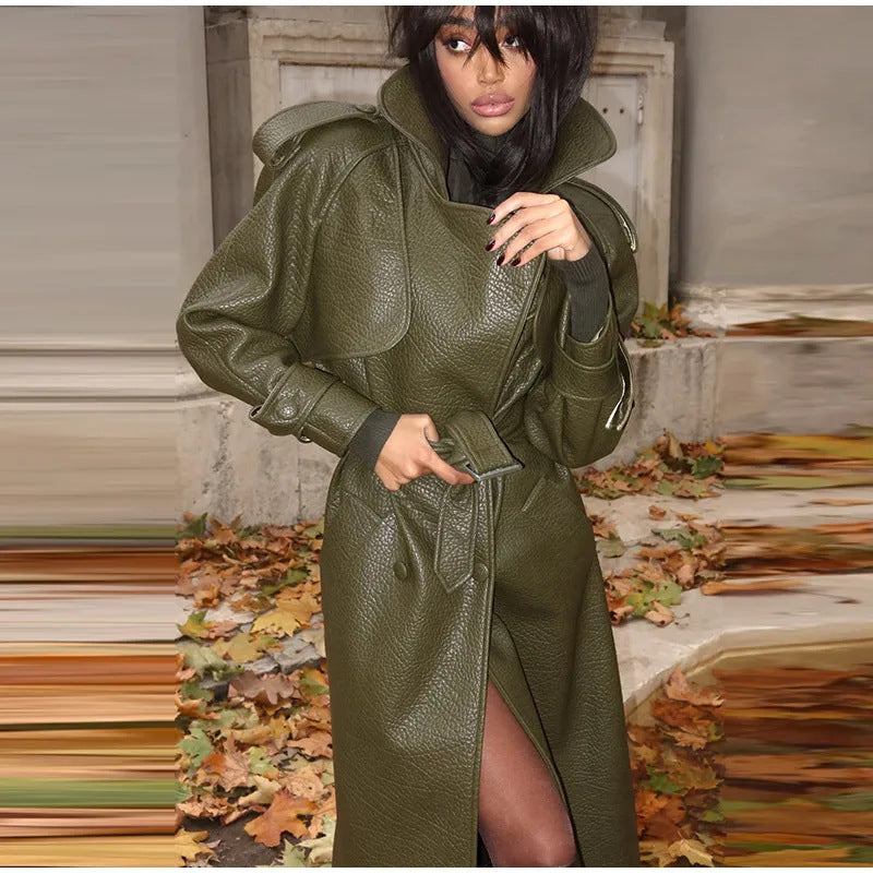 Damen Oversized Kunstleder-Trenchcoat mit hohem Kragen und abnehmbaren Gürtel Berg-Feldt