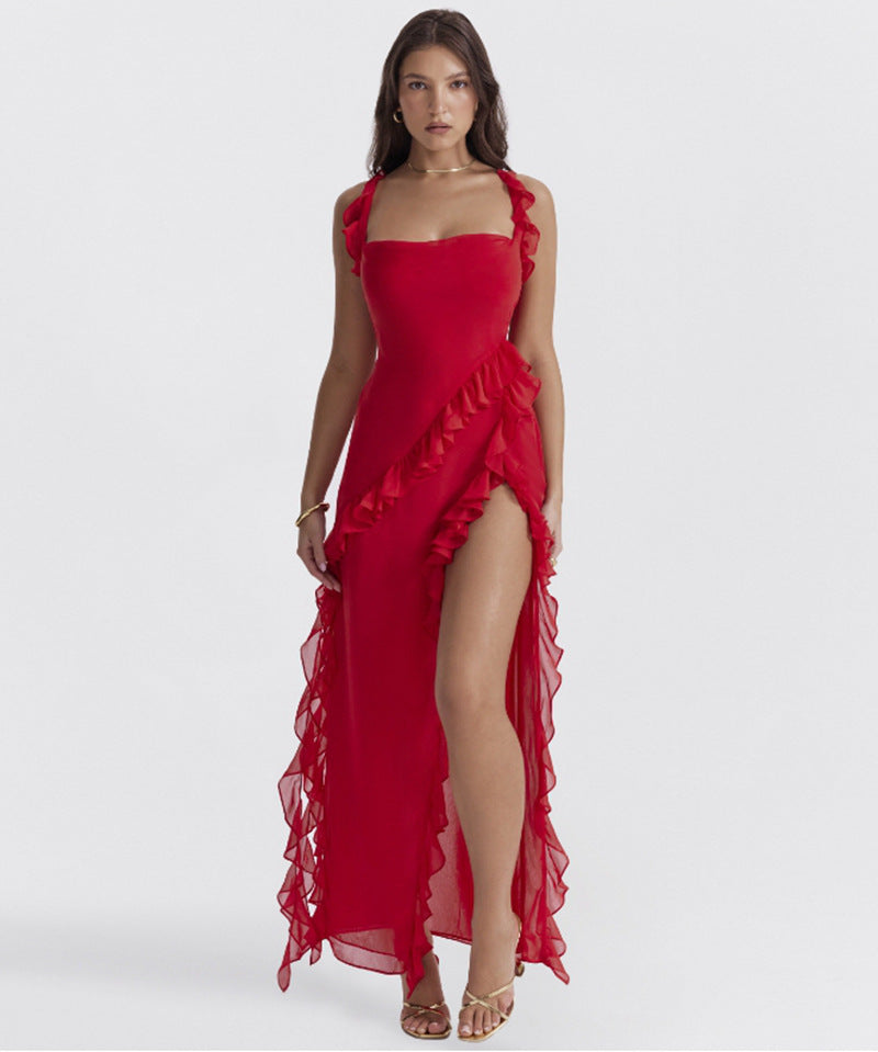 Robe longue Berg-Feldt avec volants séduisants et fente haute
