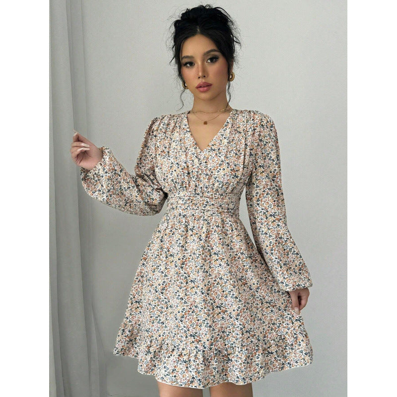 Robe fleurie Berg-Feldt pour femme, col en V et manches bouffantes