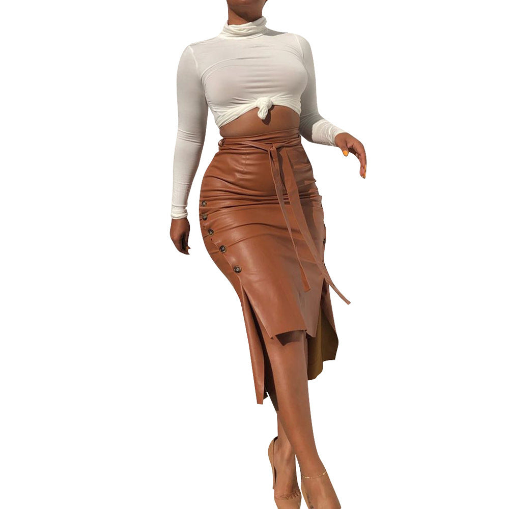 Jupe midi en similicuir Berg-Feldt pour femme, taille haute, avec fente latérale et boutons