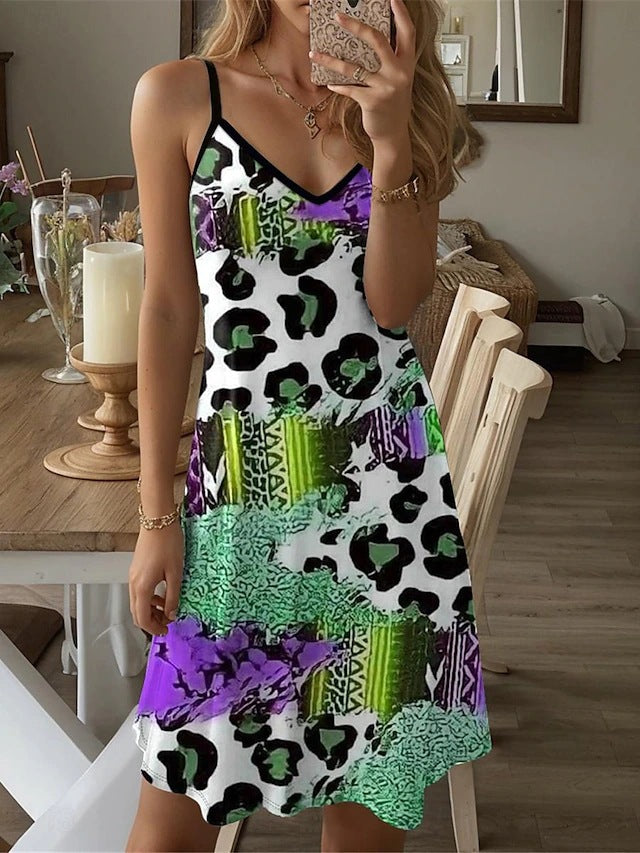 A-Linie Damenkleid mit abstraktem Berg-Feld-Druck, V-Ausschnitt und Spaghettiträgern