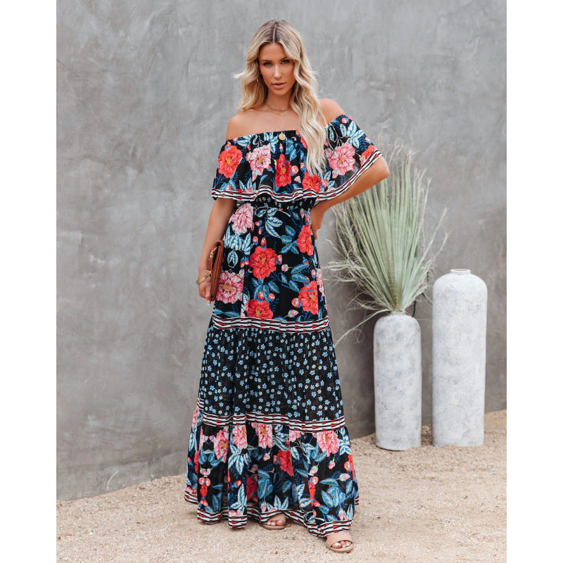 Maxikleid für Damen, schulterfrei, mit Blumenmuster und Rüschen von berg-feldt