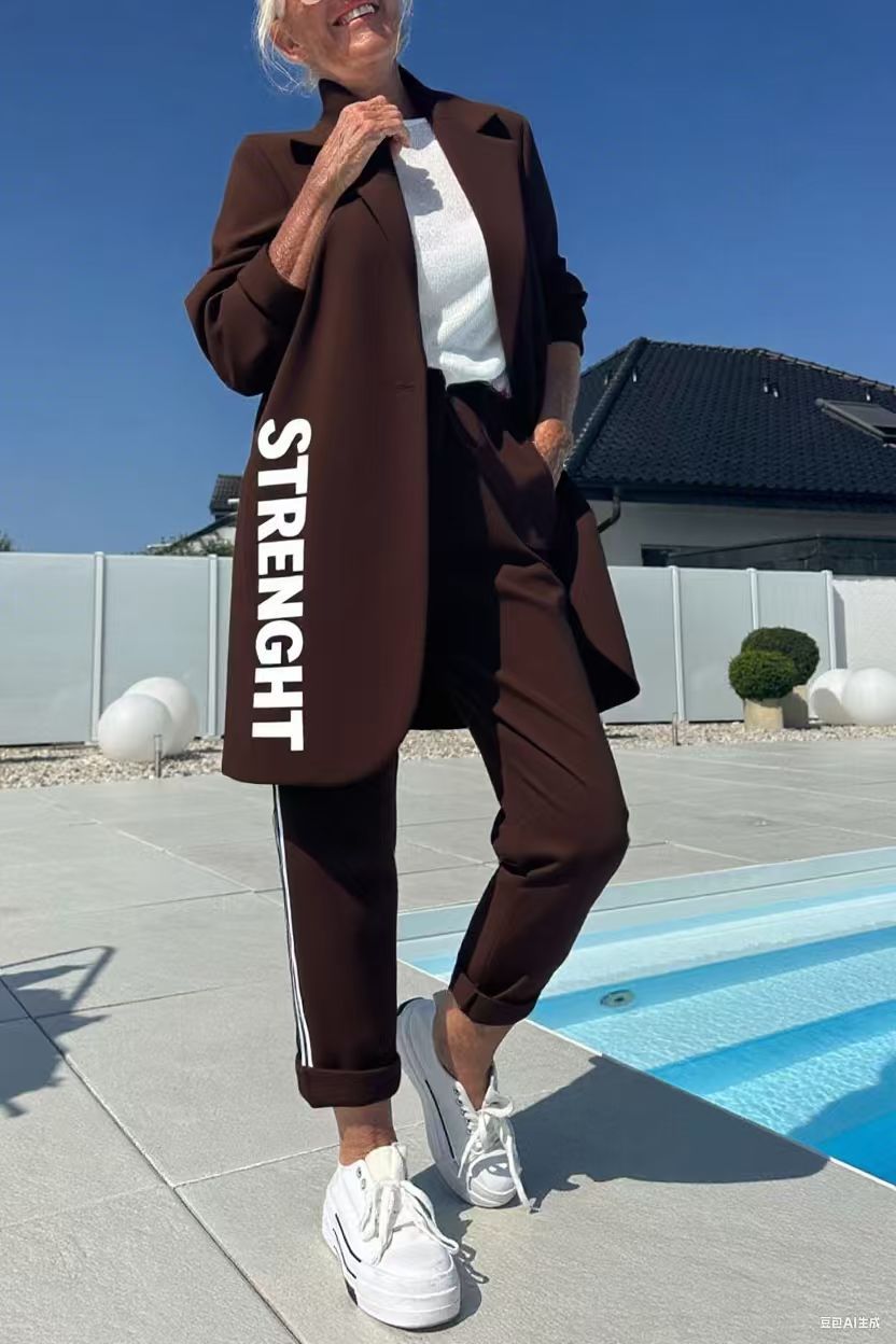 Berg-Feldt | Length Letter Printed Trenchcoat und Hose Zweiteiler Satz