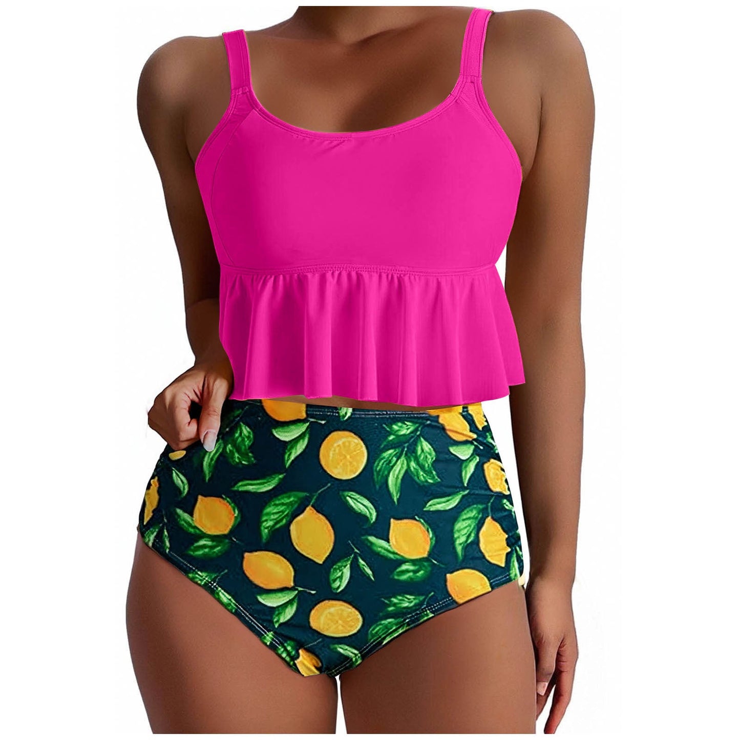Berg-Feldt Damen Badeanzug Set mit hohem Bund und Zitronenprint