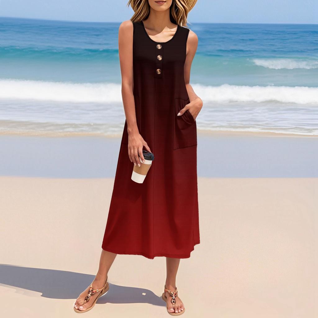 Robe longue pour femme, sans manches, boutonnée, avec poches, par berg-feldt