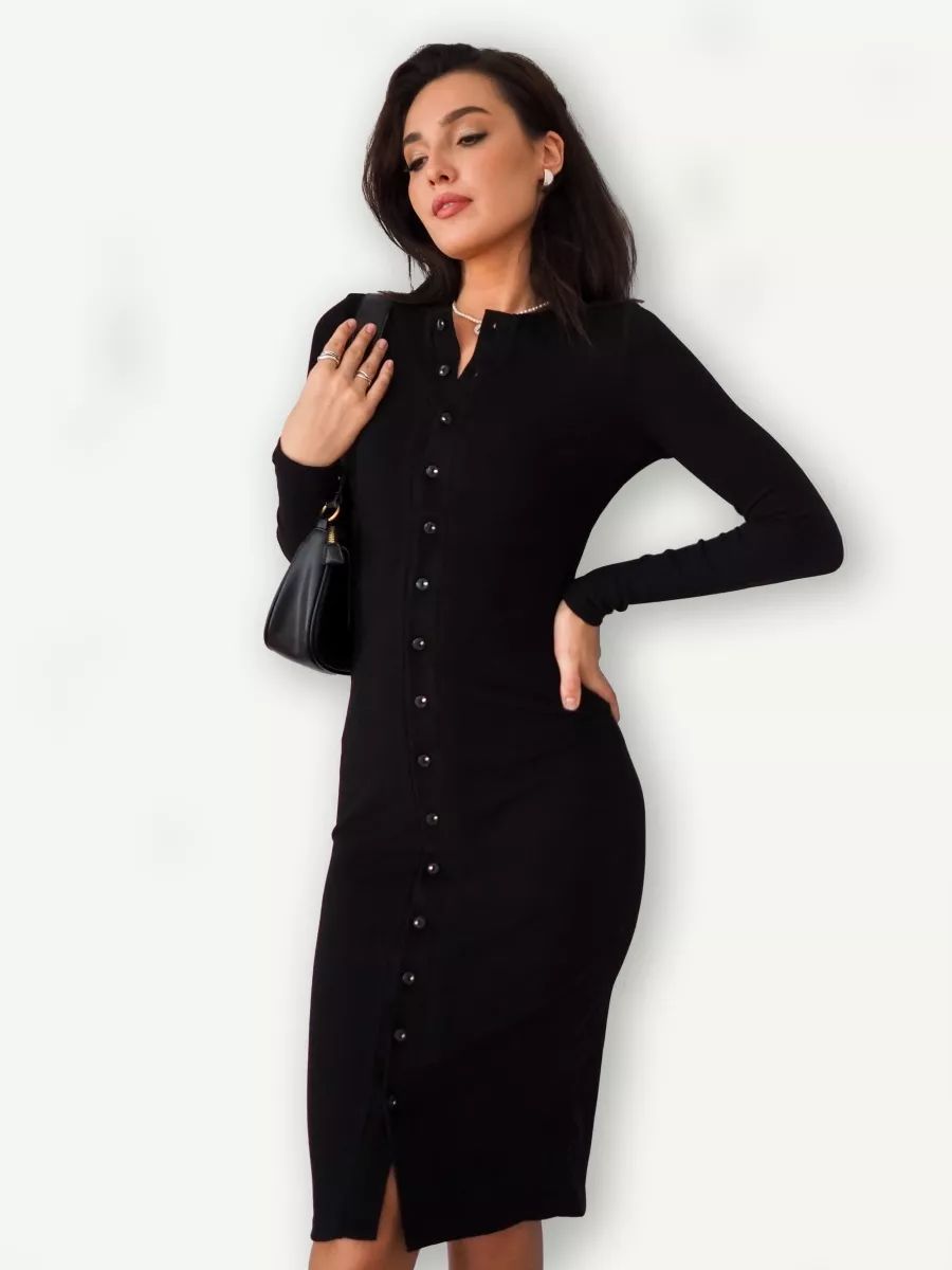 Robe midi élégante et ajustée à col en V avec patte de boutonnage de berg-feldt