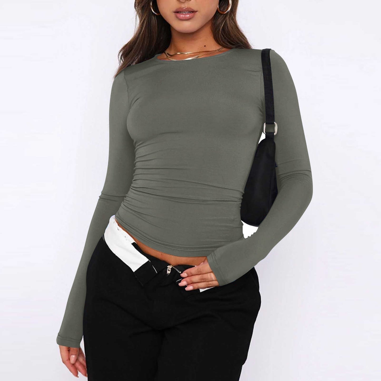 T-shirt femme Benke, couleur unie, col rond, manches longues