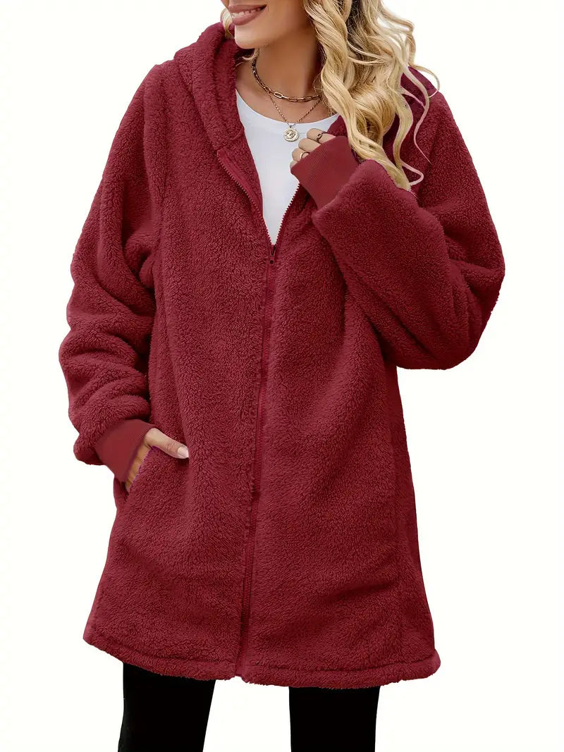 Veste d'hiver chaude Yuriel à capuche, manteau décontracté en fausse fourrure avec fermeture éclair