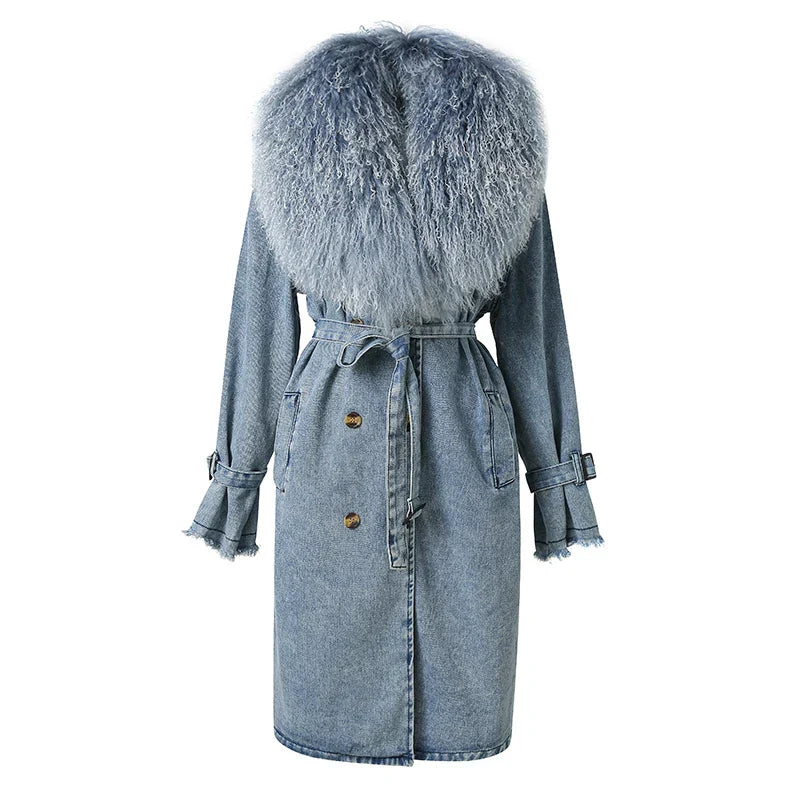 Berg-Feldt | Lange Denimjacke mit Kunstfell Baumwollmix Modern und Elegant