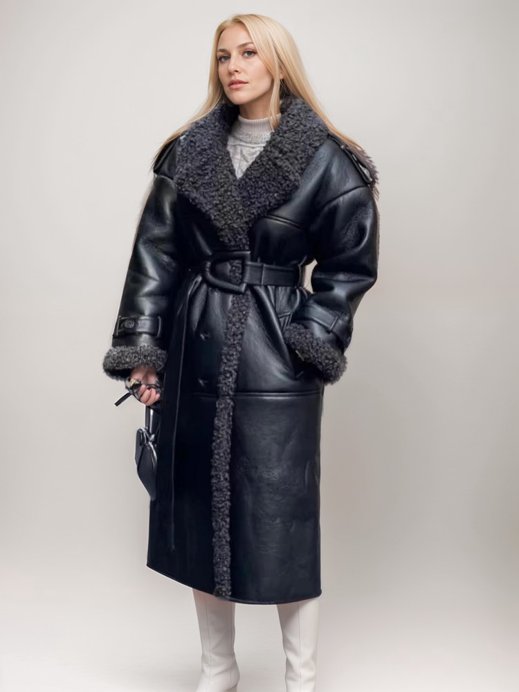 Berg-Feldt | Long manteau à ceinture Similicuir et fourrure Chaud et affirmé